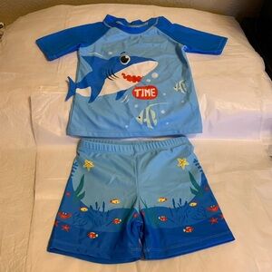Kids Blue Shark Swim Set - Short Sleeve Rash Guard and Swim Trunks